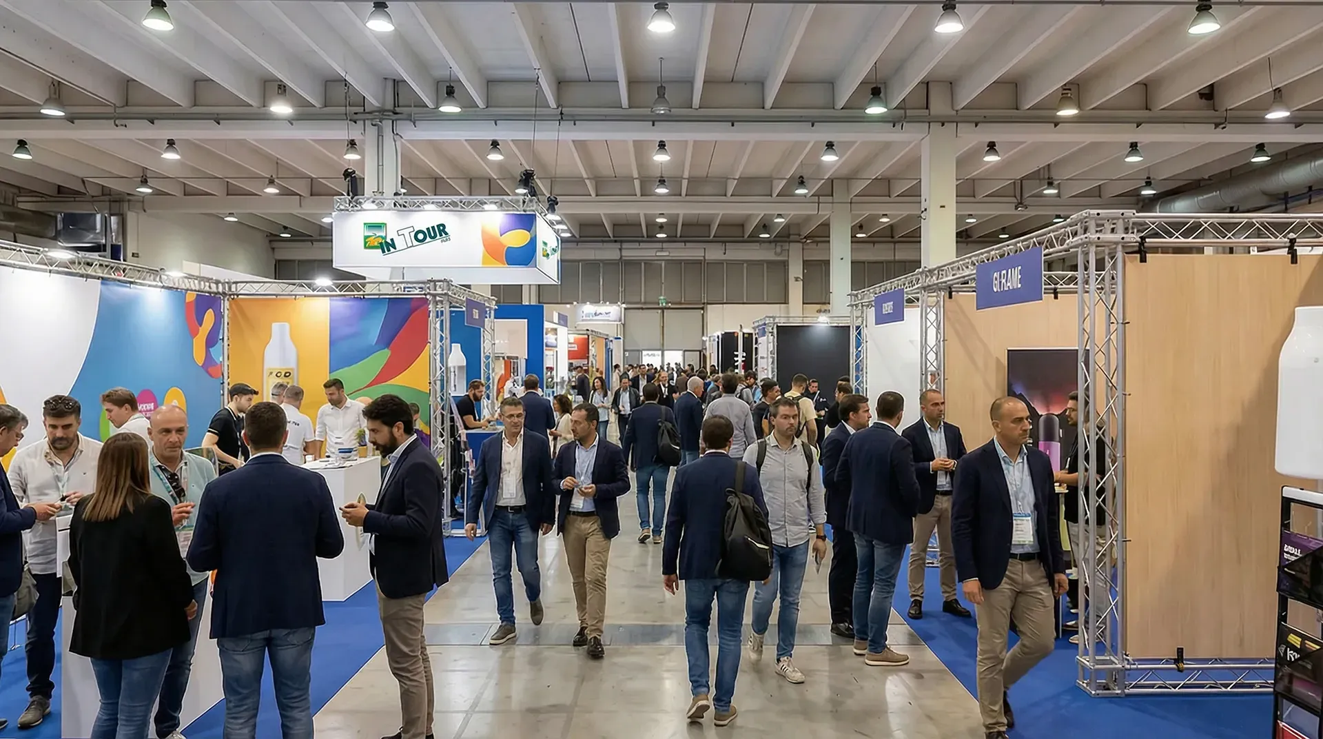 Corridoio della fiera T2000 in Tour con visitatori tra gli stand